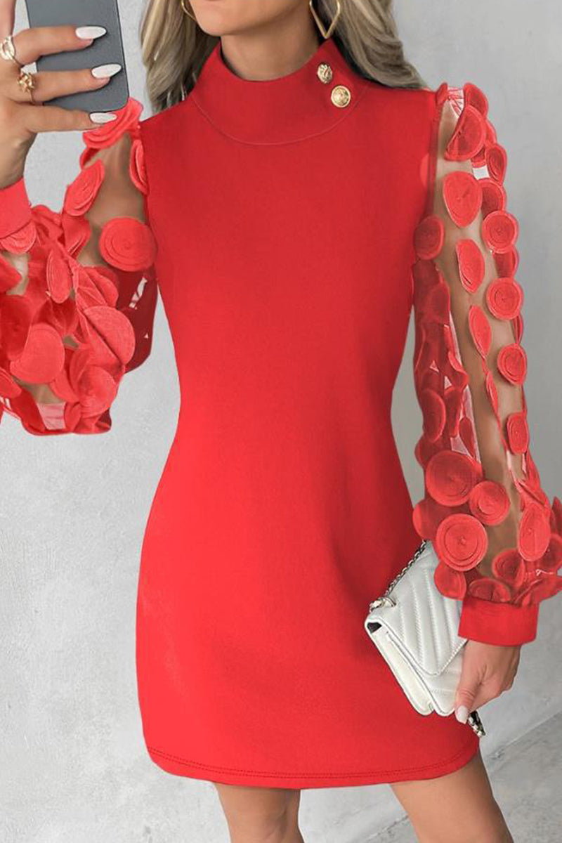 Elegant Solid Buttons Appliques Half A Turtleneck A Line Dresses