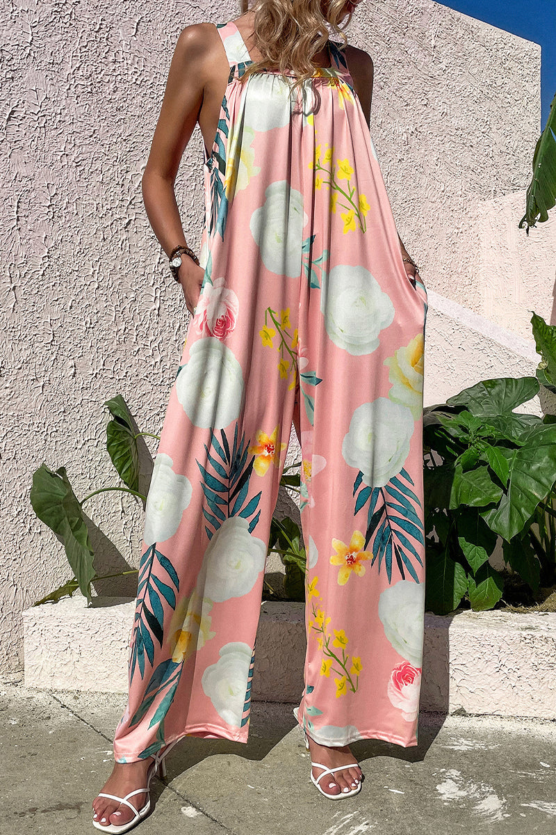 Casual Print Pocket Square Collar Loose Jumpsuits