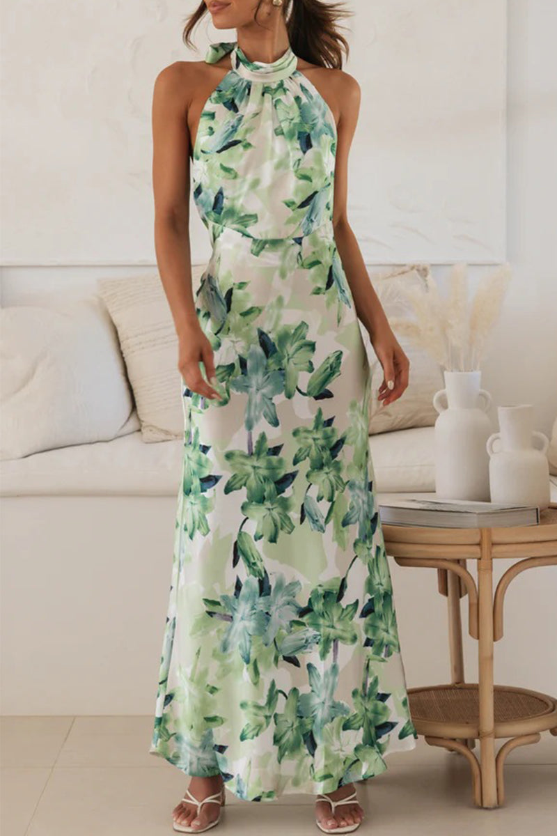 Cute Elegant Floral Backless Halter Printed Dress Dresses