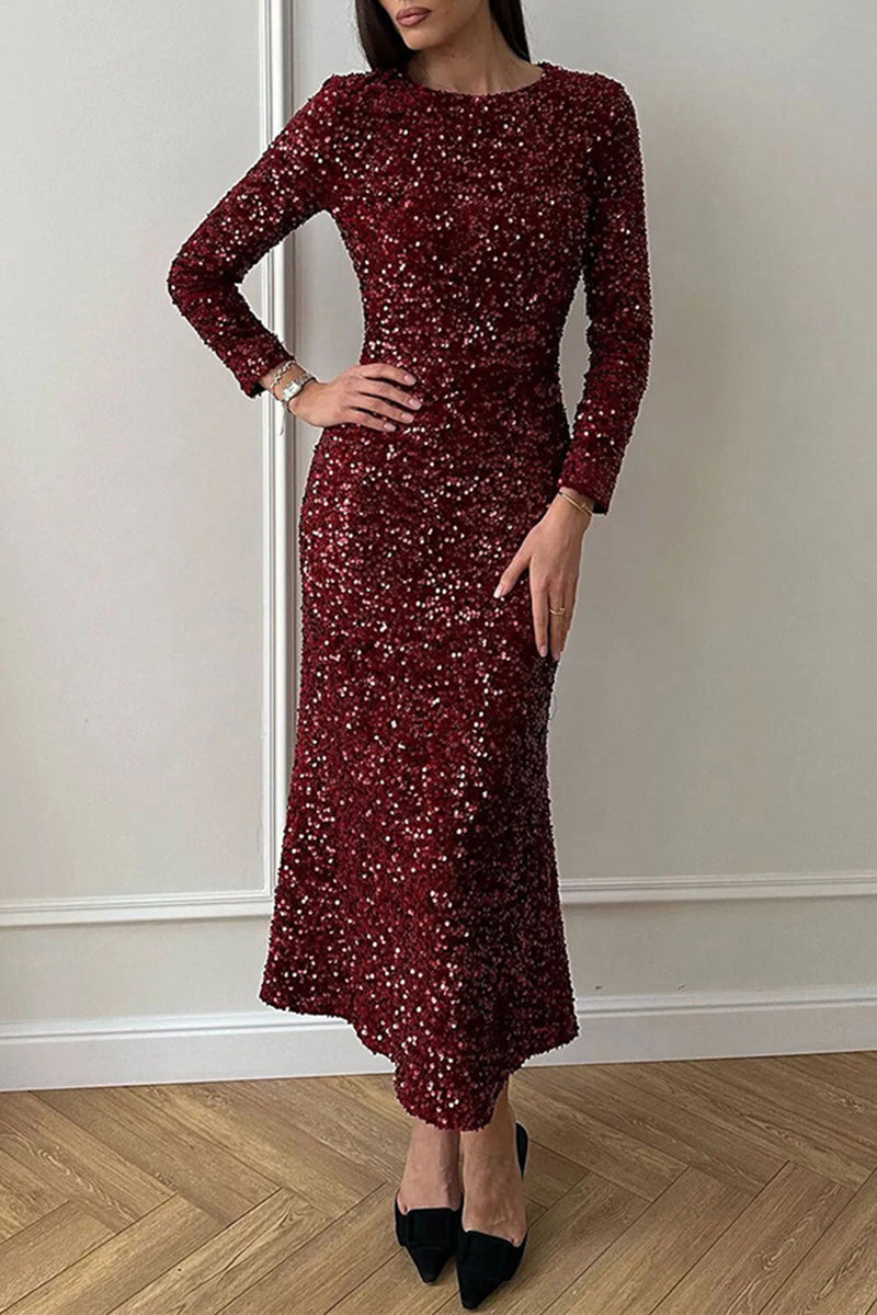 Celebrities Elegant Solid Sequins Sequined O Neck One Step Skirt Dresses