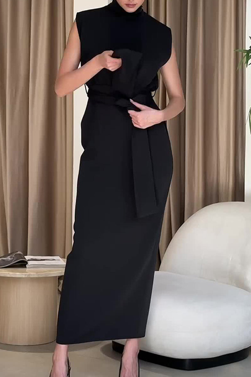 Elegant Solid Slit With Belt Half A Turtleneck One Step Skirt Dresses