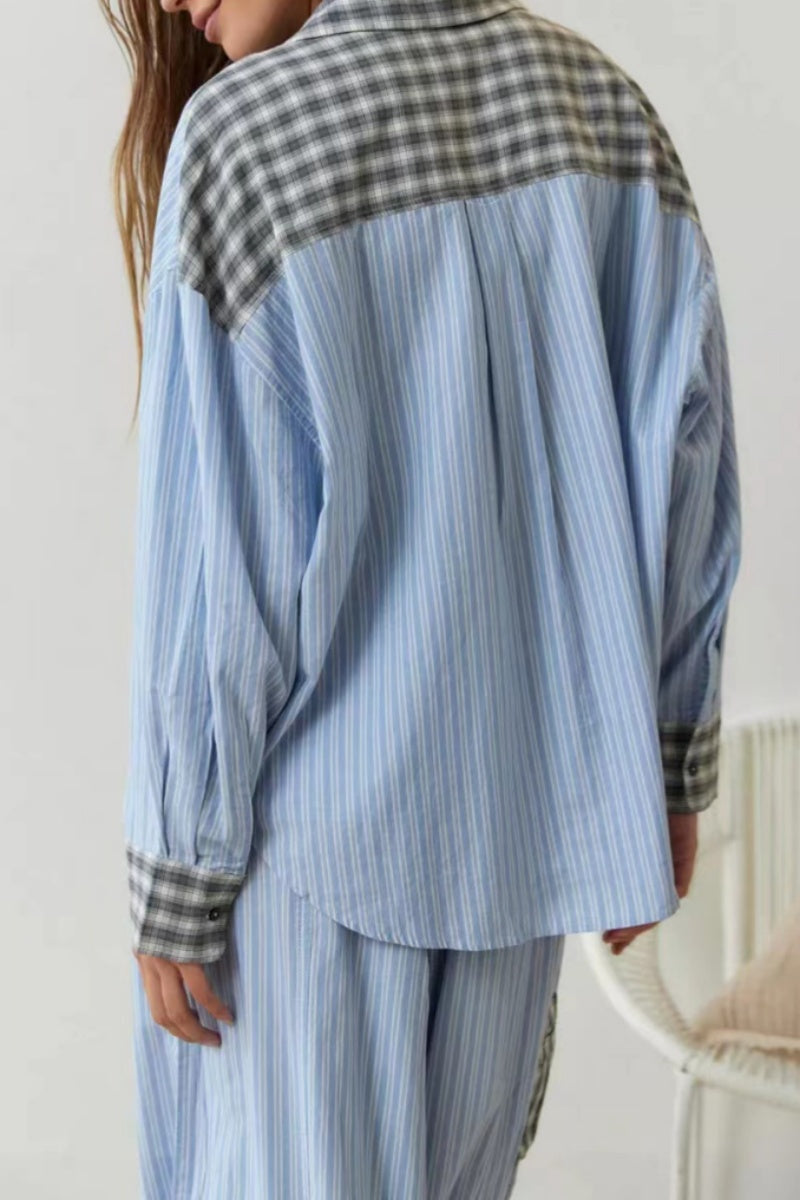 Casual Living Patchwork Basic Turndown Collar Long Sleeve Two Pieces