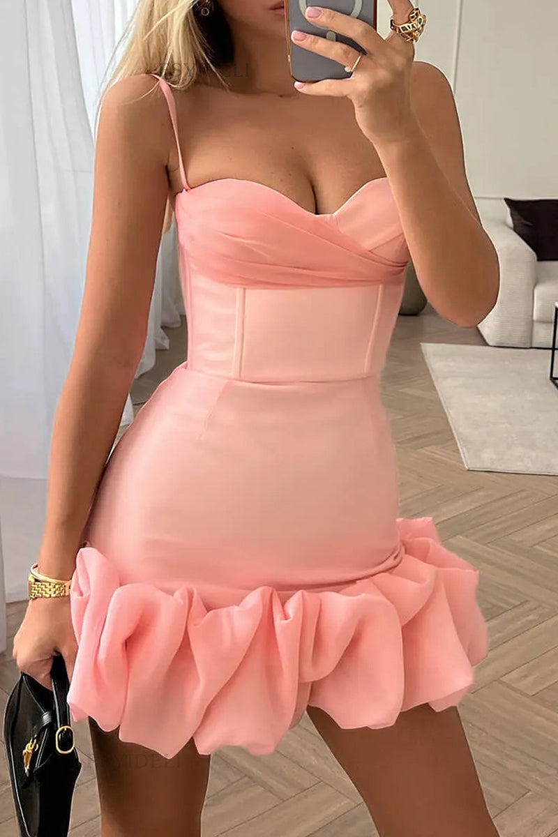 Sexy Solid Fold V Neck Wrapped Skirt Dresses