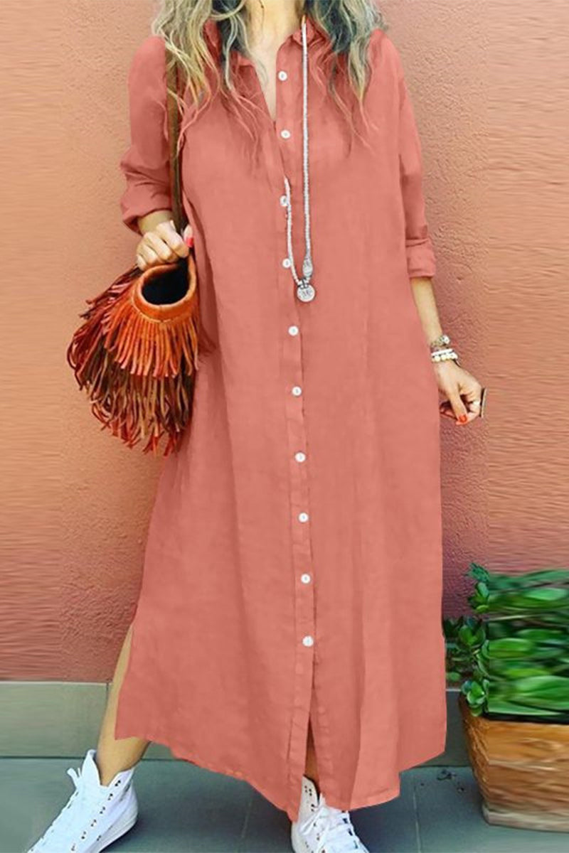 Casual Simplicity Solid Buckle Turndown Collar Shirt Dress Dresses