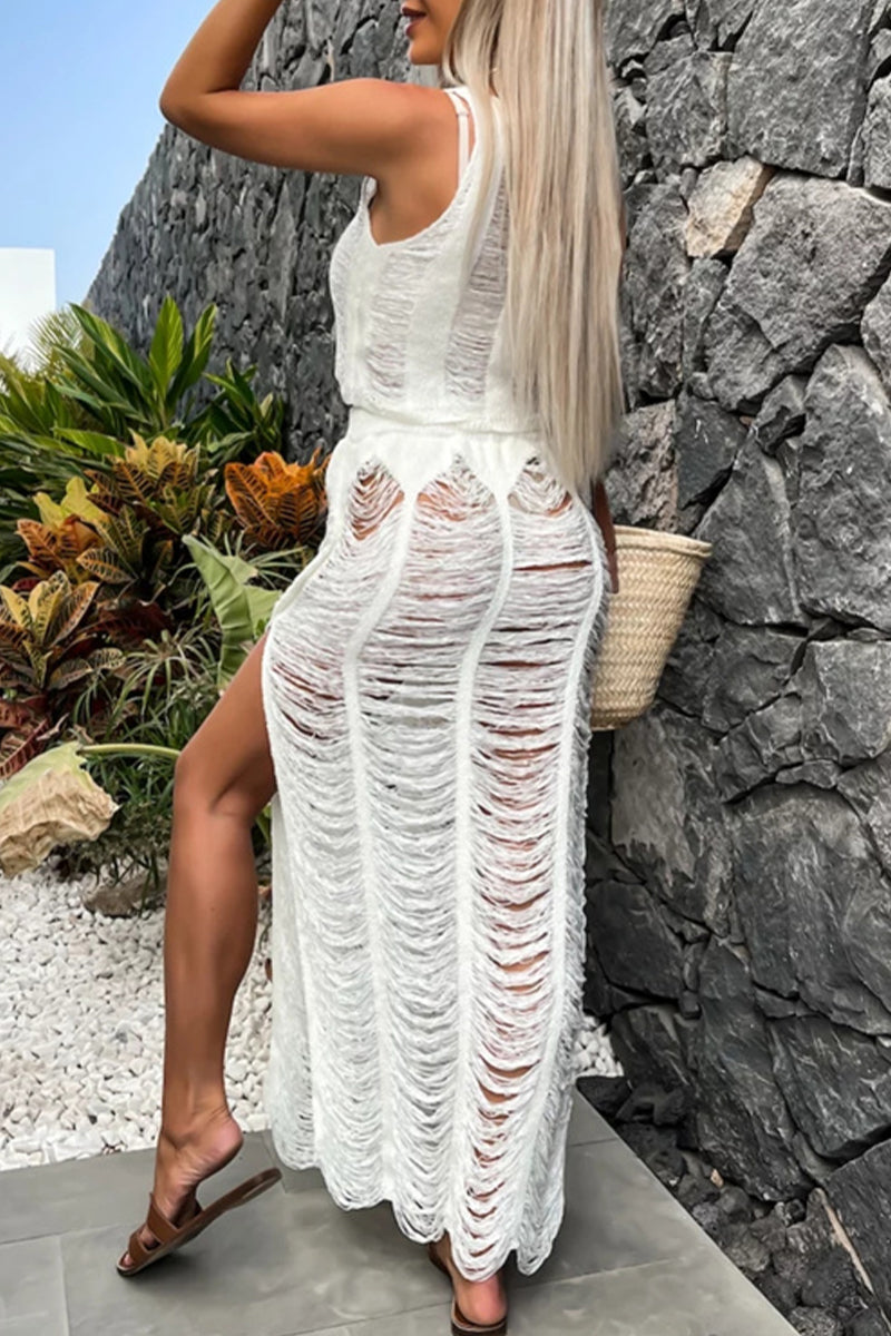 Sexy Vacation Solid Hollowed Out Slit O Neck Sleeveless Two Pieces