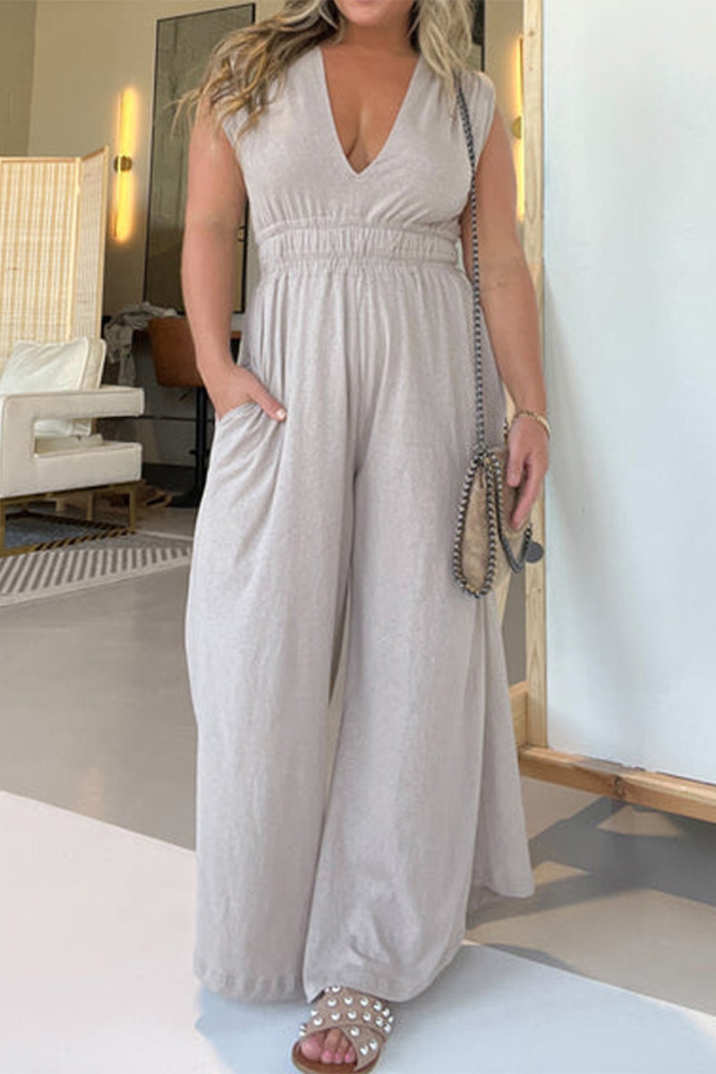 Casual Simplicity Solid Pocket V Neck Loose Jumpsuits