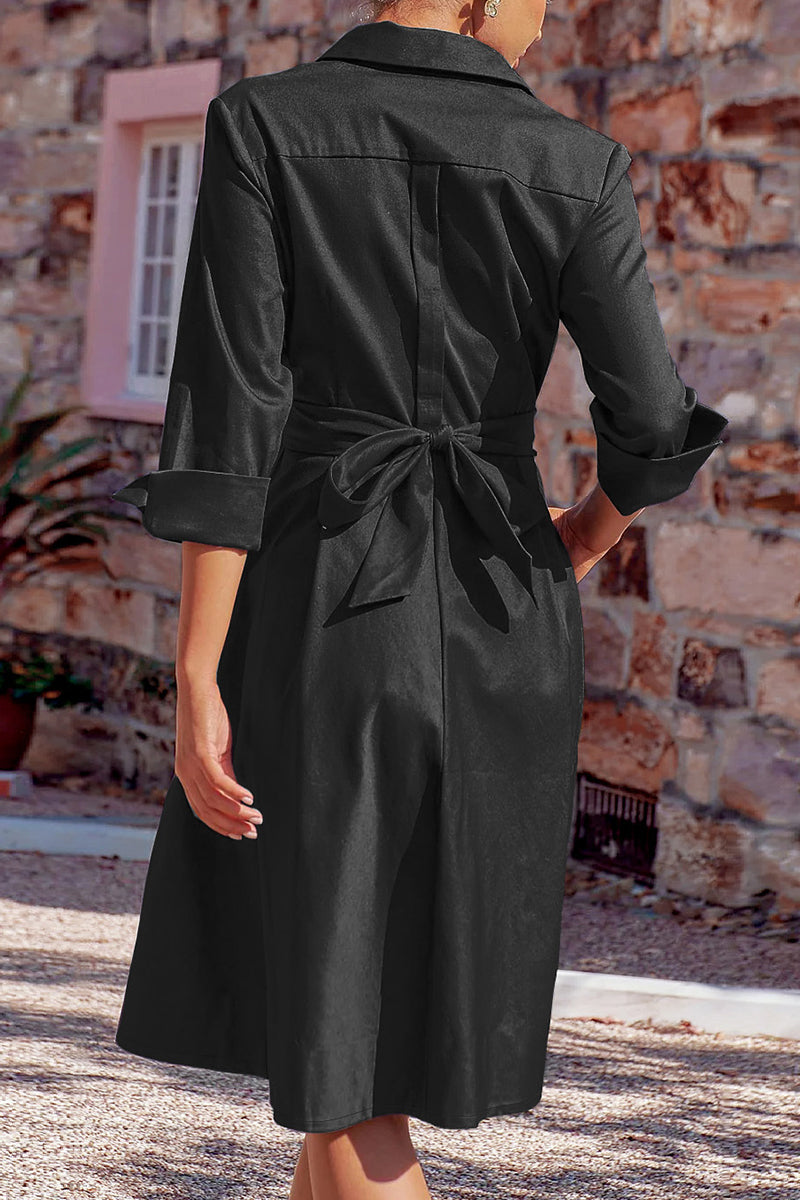 Elegant Solid Bandage Pocket Buttons Turndown Collar Shirt Dress Dresses