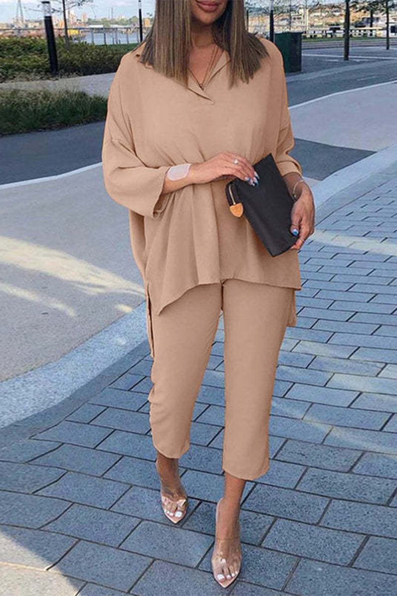 Casual Simplicity Solid Slit Turndown Collar Three Quarter Two Pieces