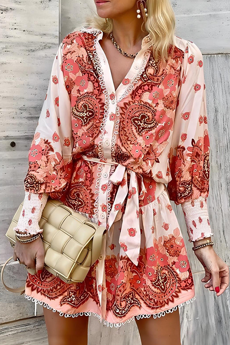 Casual Floral Bandage V Neck Printed Dress Dresses