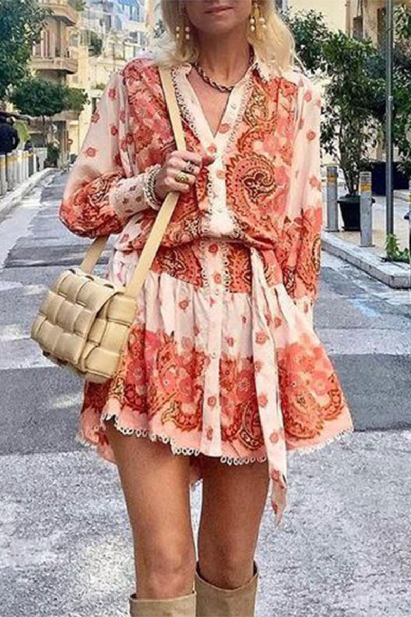 Casual Floral Bandage V Neck Printed Dress Dresses