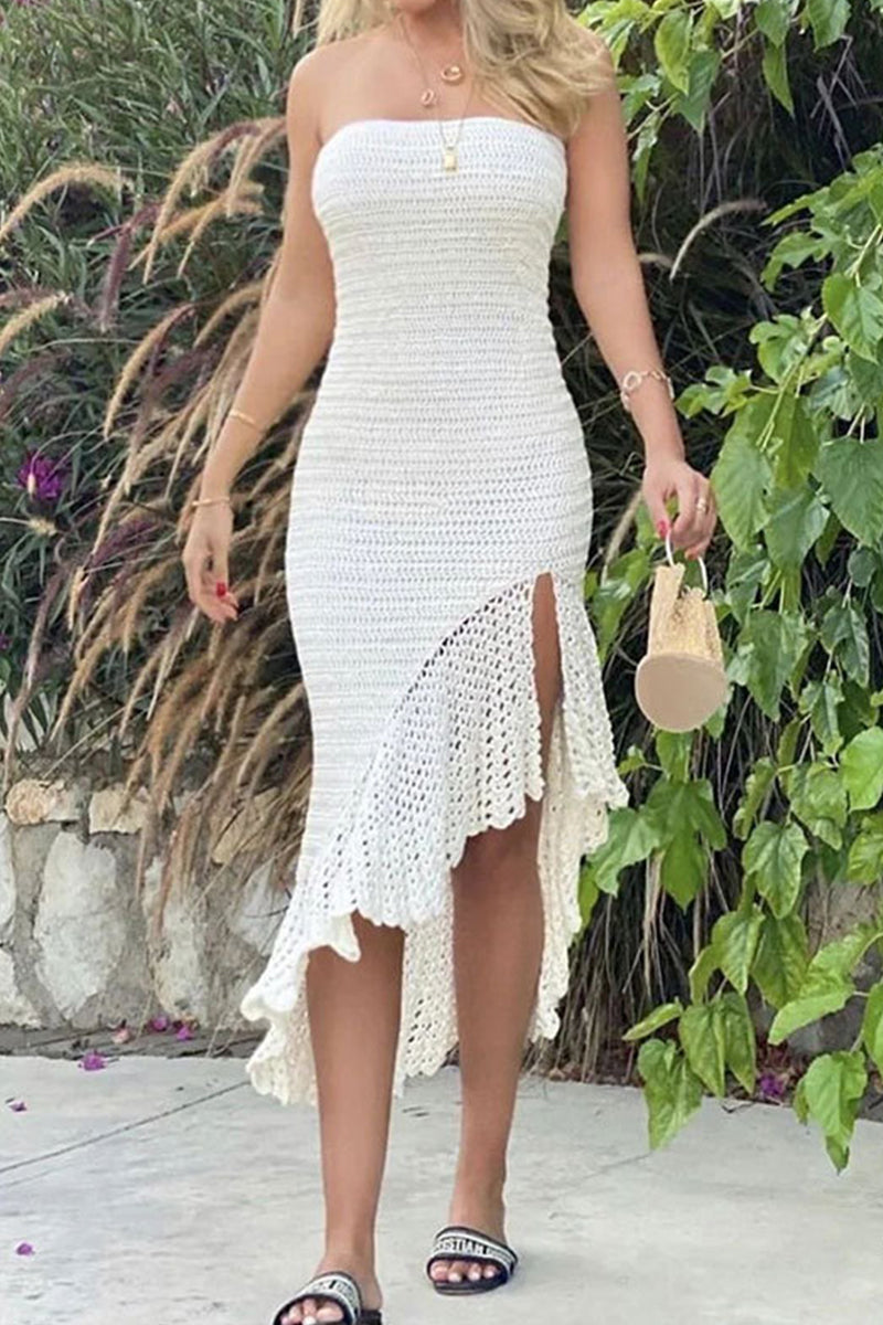 Sexy Vacation Solid Tassel Hollowed Out Asymmetrical Strapless Beach Dress Dresses