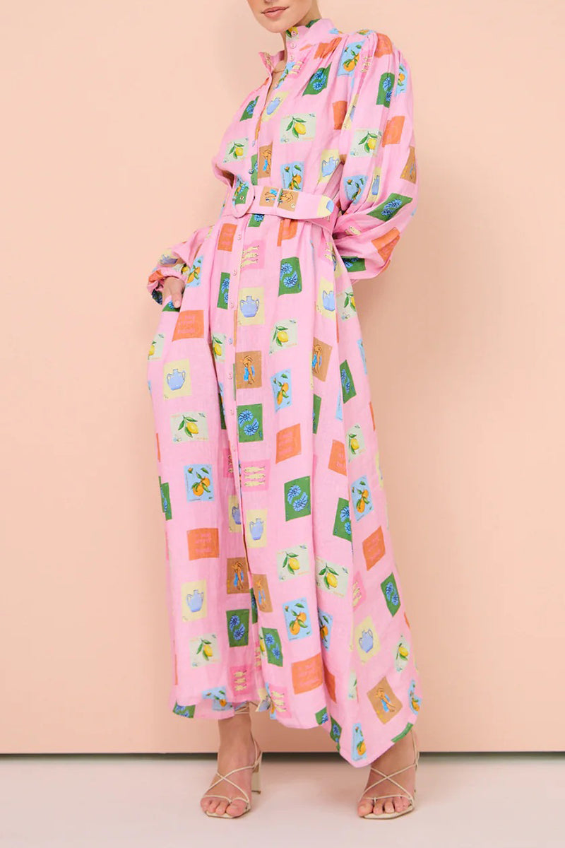 Casual Cartoon Print Pocket With Belt Half A Turtleneck Shirt Dress Dresses