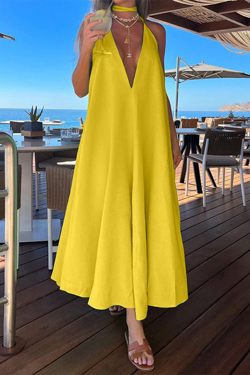 Elegant Simplicity Solid Frenulum Halter Sleeveless Dress Dresses