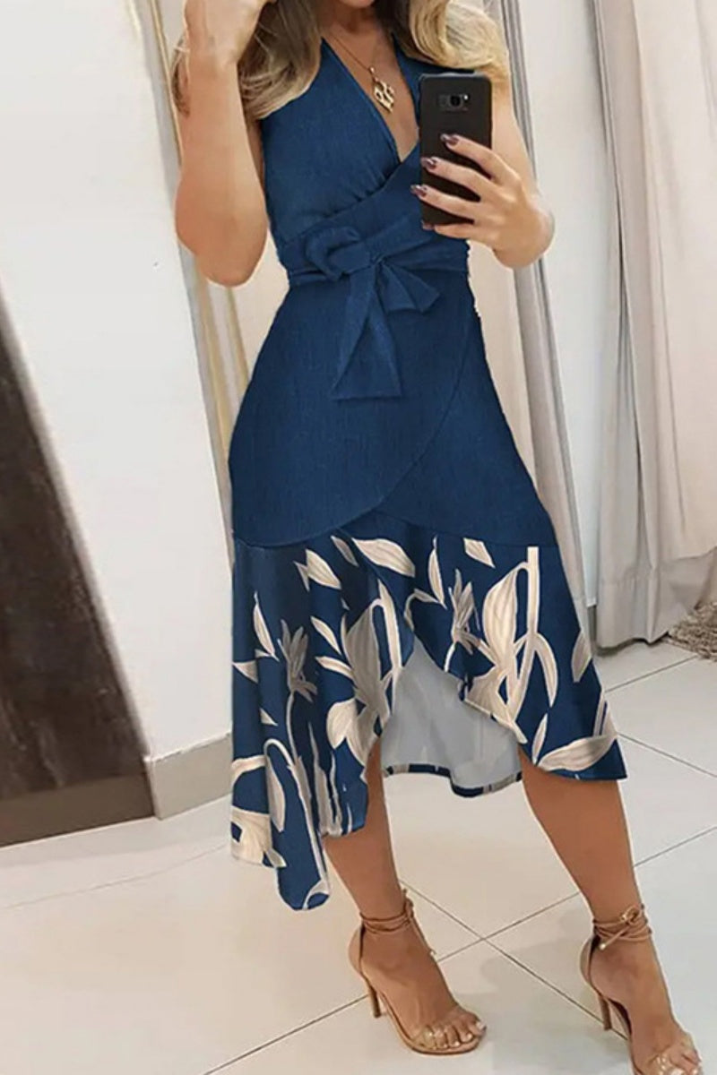 Casual Print Patchwork Frenulum V Neck Sleeveless Dress Dresses