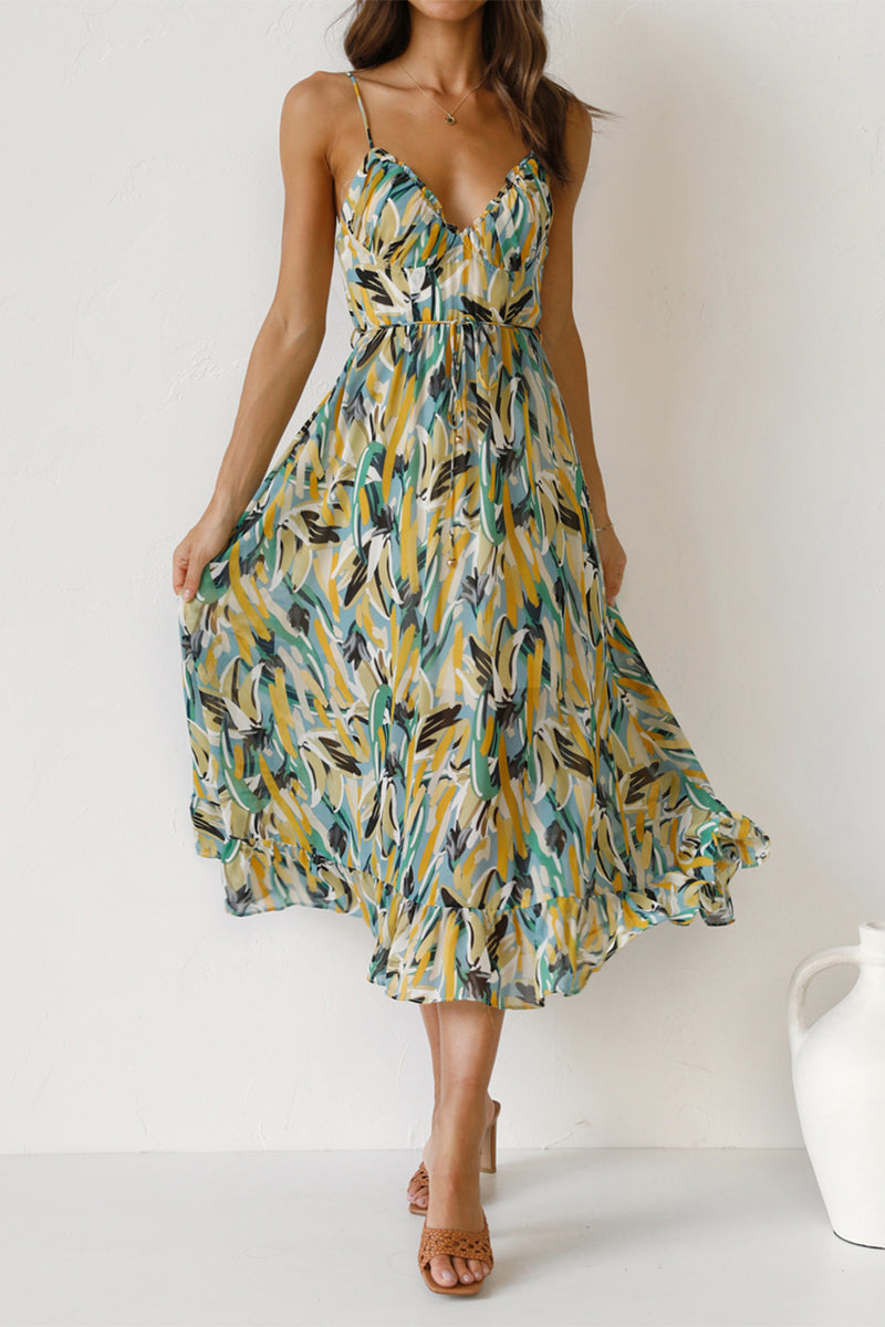 Elegant Vacation Color Lump Print Backless Flounce V Neck Sling Dress Dresses