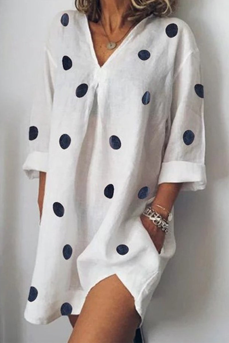 Casual Polka Dot Pocket V Neck Printed Dress Dresses(4 Colors)