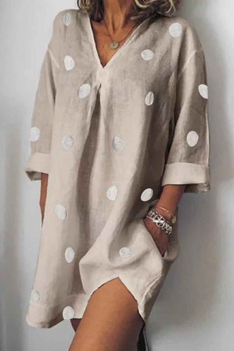 Casual Polka Dot Pocket V Neck Printed Dress Dresses(4 Colors)