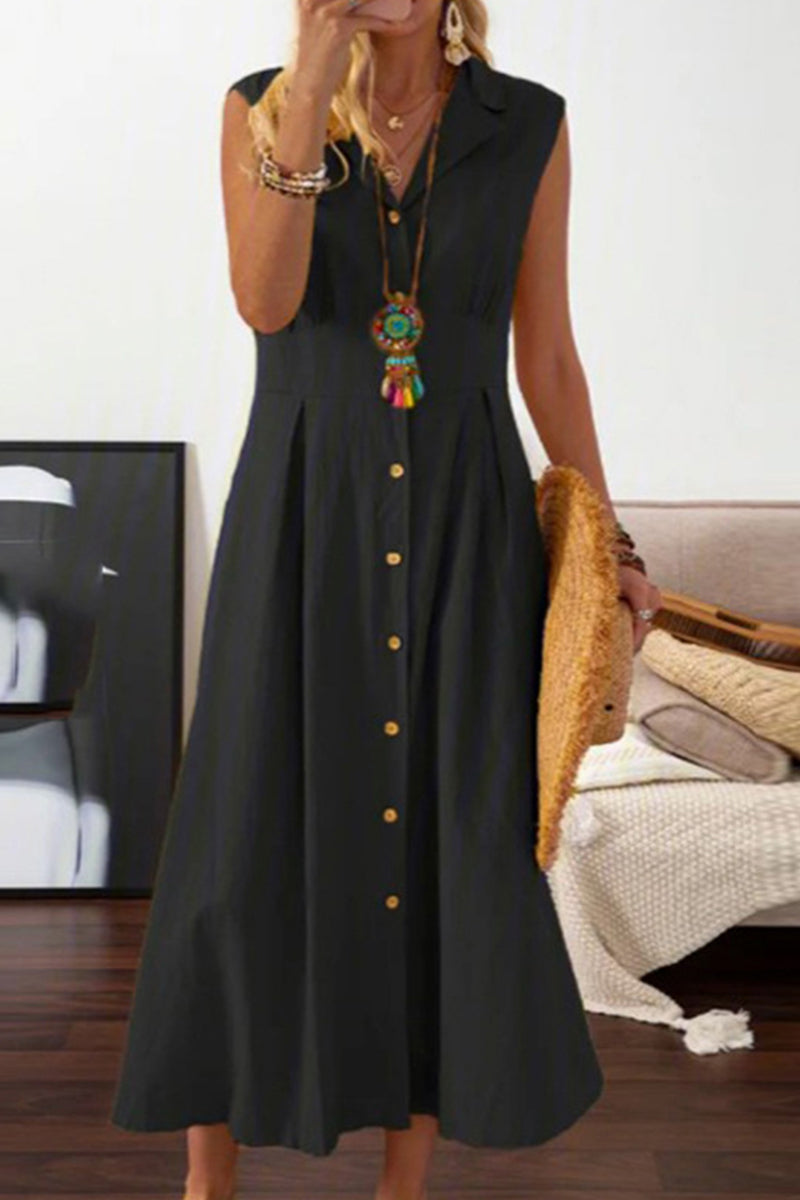 Casual Solid Buckle Turndown Collar Waist Skirt Dresses