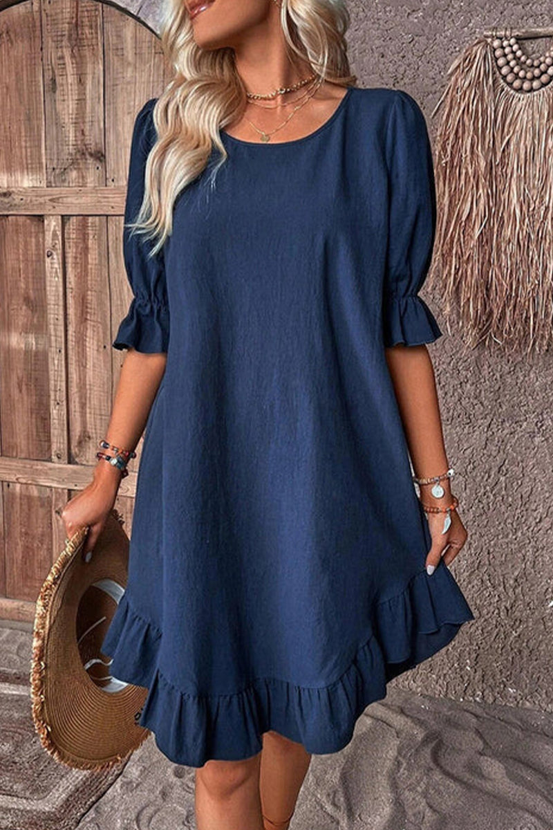 Casual Solid Flounce O Neck A Line Dresses