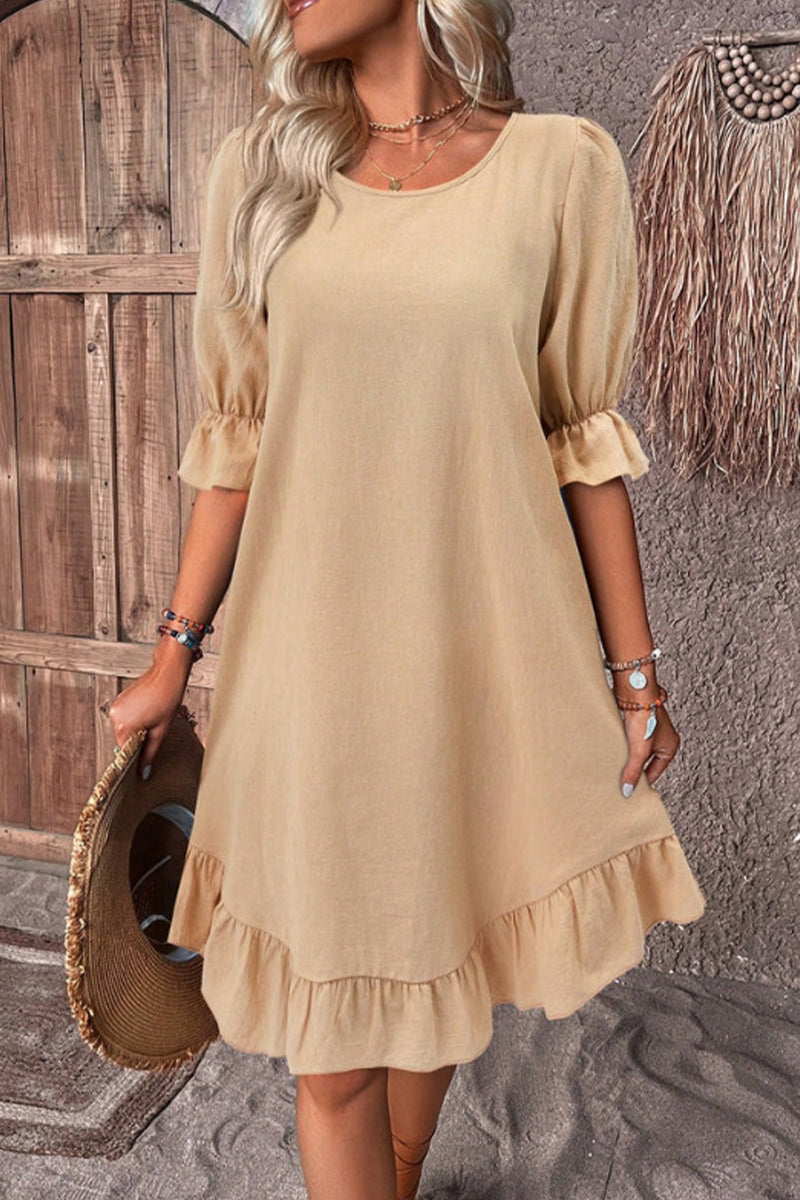 Casual Solid Flounce O Neck A Line Dresses