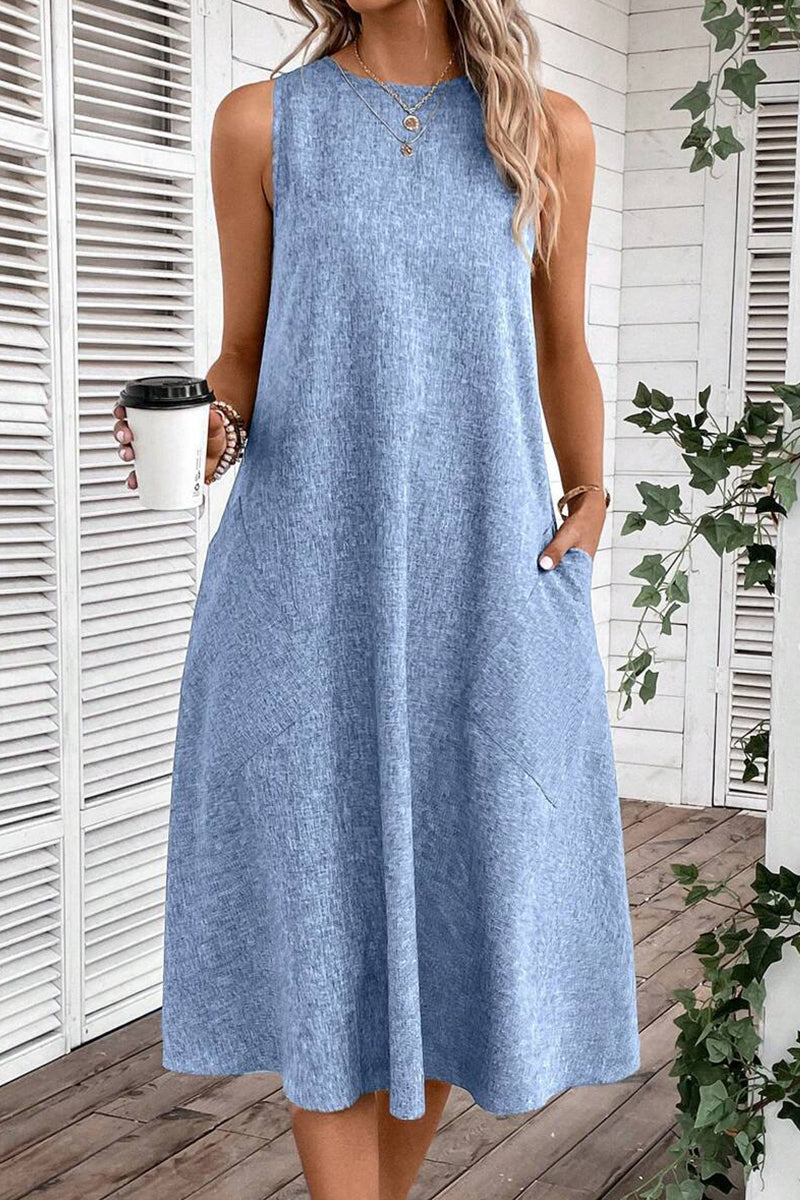 Casual Simplicity Solid Pocket O Neck Sleeveless Dresses