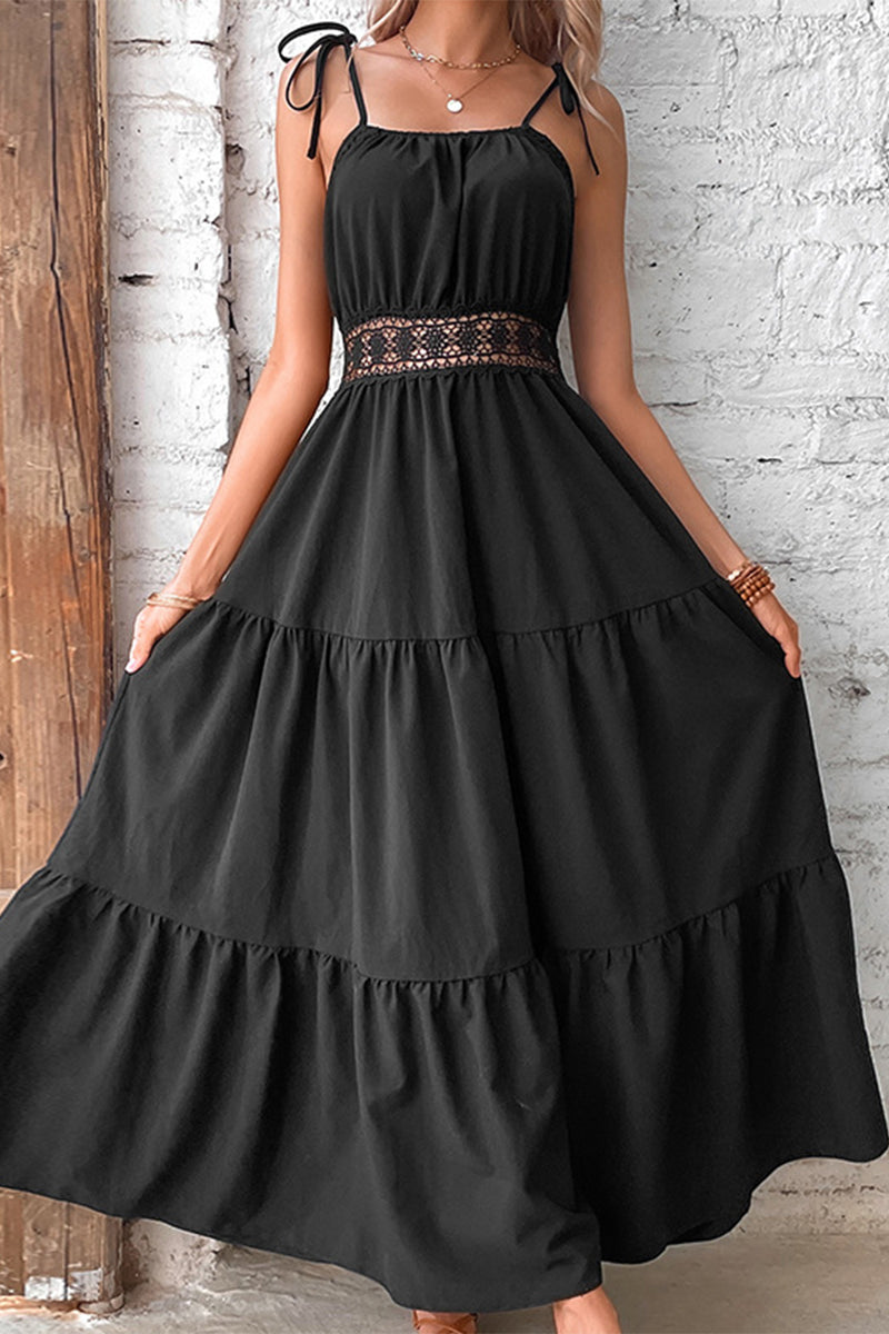 Elegant Simplicity Solid Hollowed Out Frenulum Sling Dresses