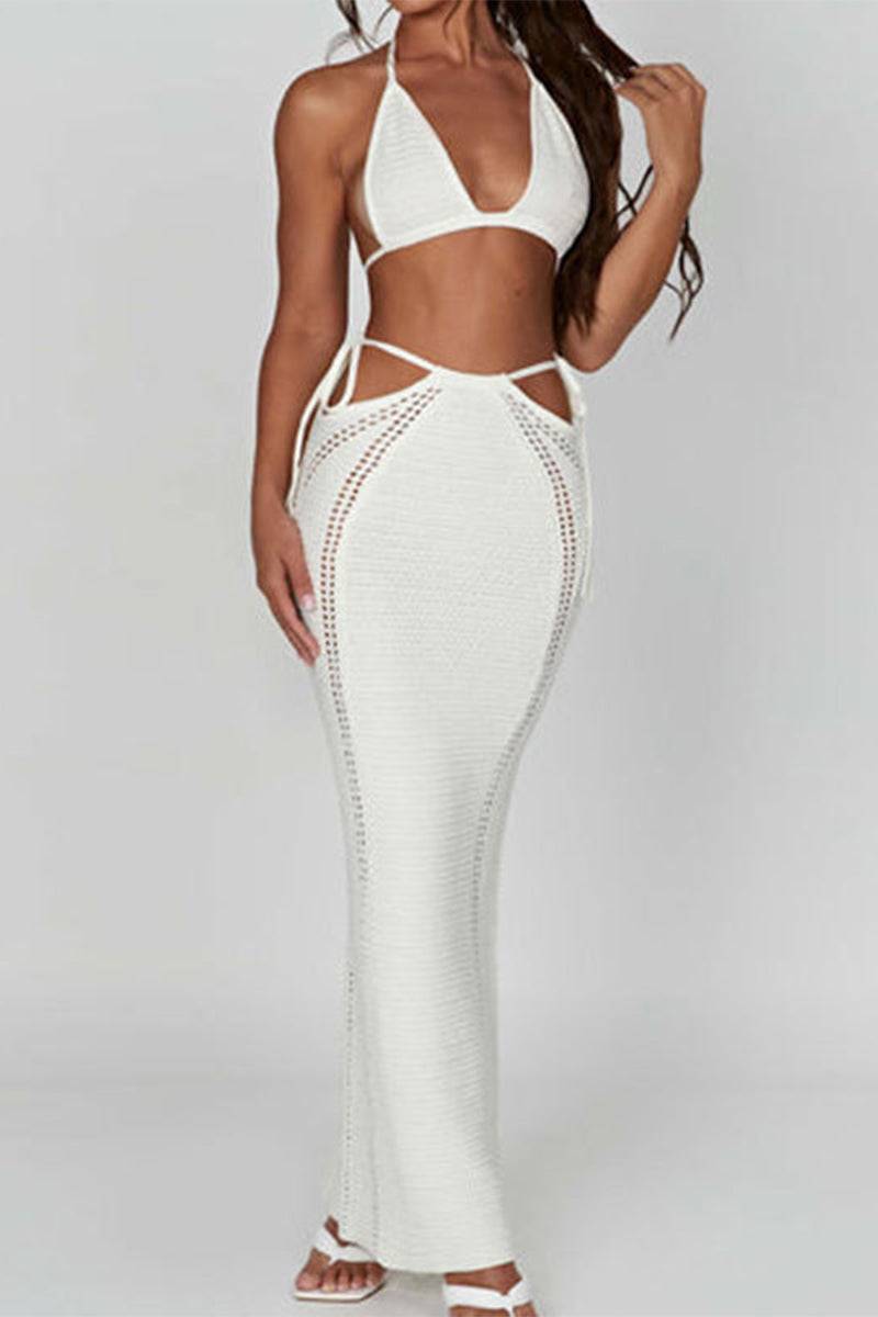 Sexy Vacation Solid Backless Strap Design Halter Sleeveless Two Pieces