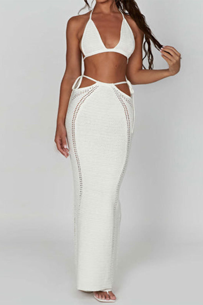 Sexy Vacation Solid Backless Strap Design Halter Sleeveless Two Pieces