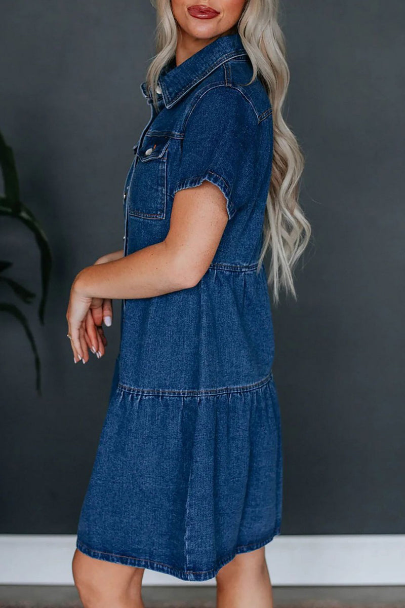 Casual Solid Pocket Buckle Turndown Collar Short Sleeve Loose Denim Dresses