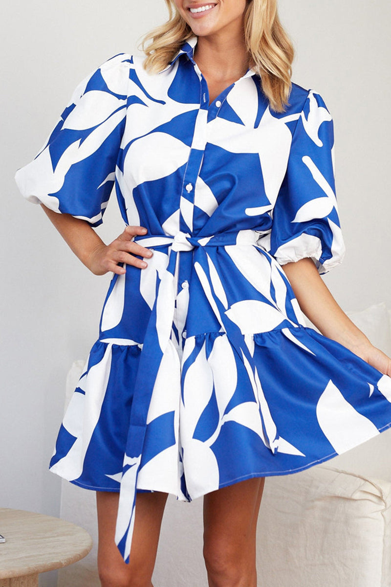 Casual Geometric Print Bandage Turndown Collar A Line Dresses