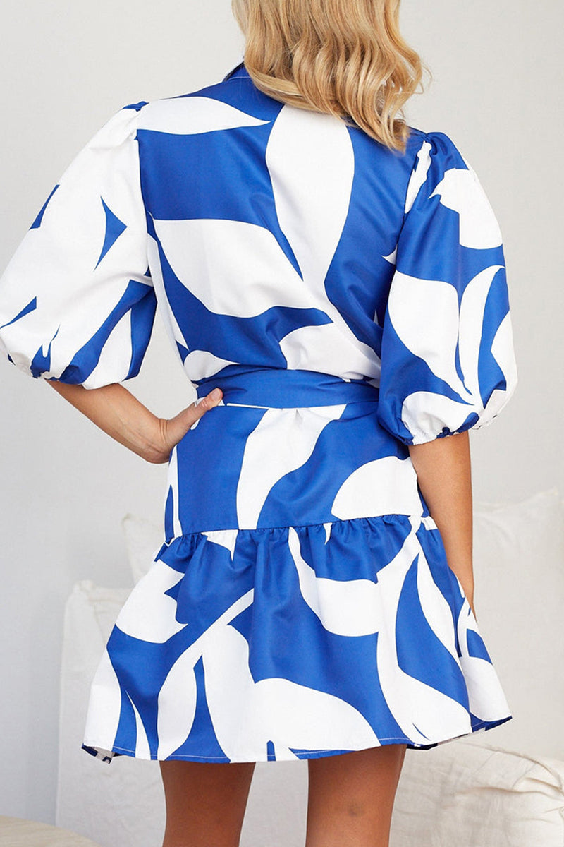 Casual Geometric Print Bandage Turndown Collar A Line Dresses