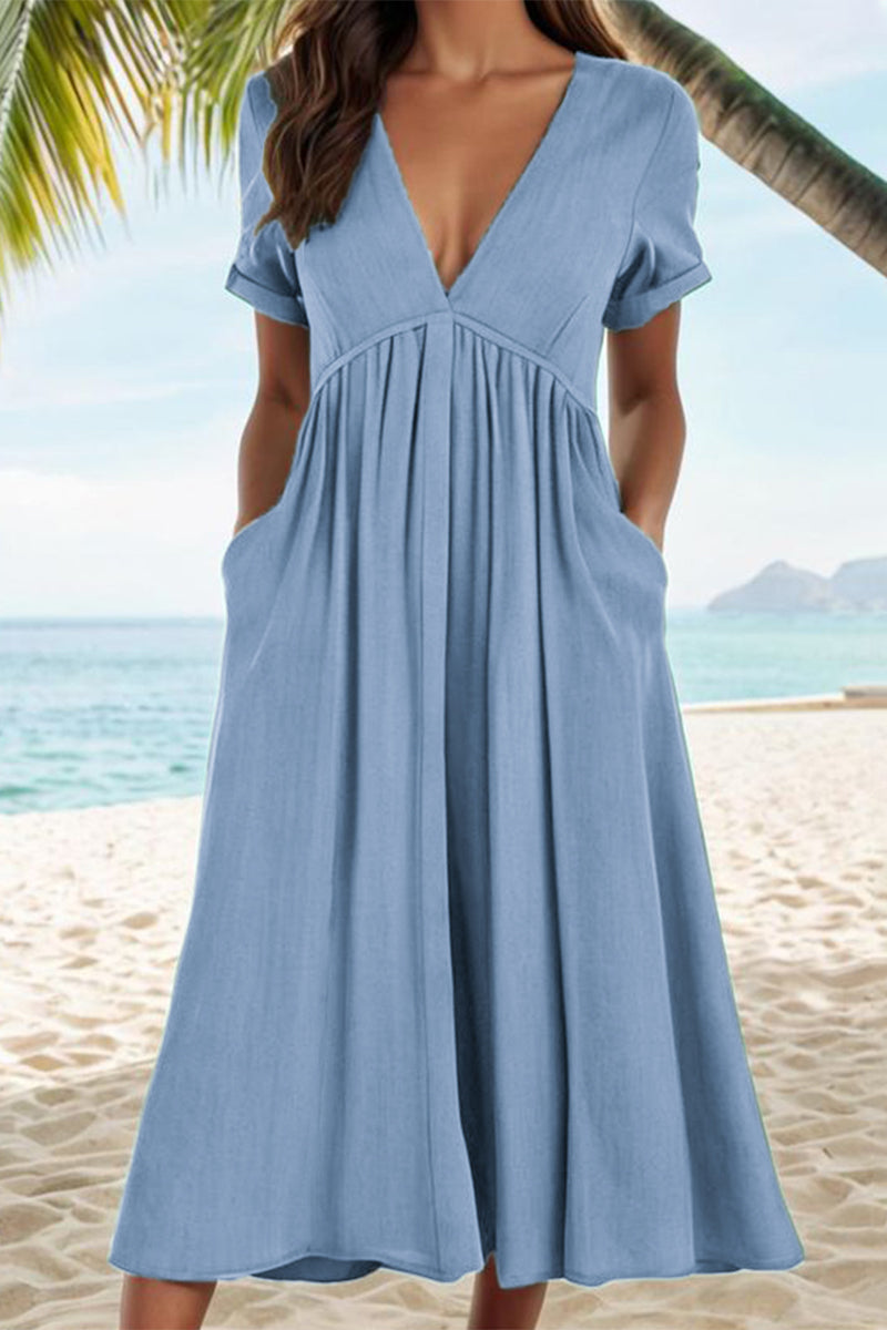 Casual Solid Pocket Fold V Neck A Line Dresses