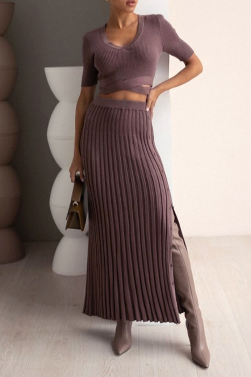 Elegant Solid Slit V Neck Short Sleeve Two Pieces