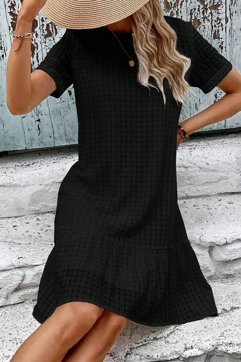 Casual Simplicity Solid Hollowed Out O Neck A Line Short Sleeve Dress