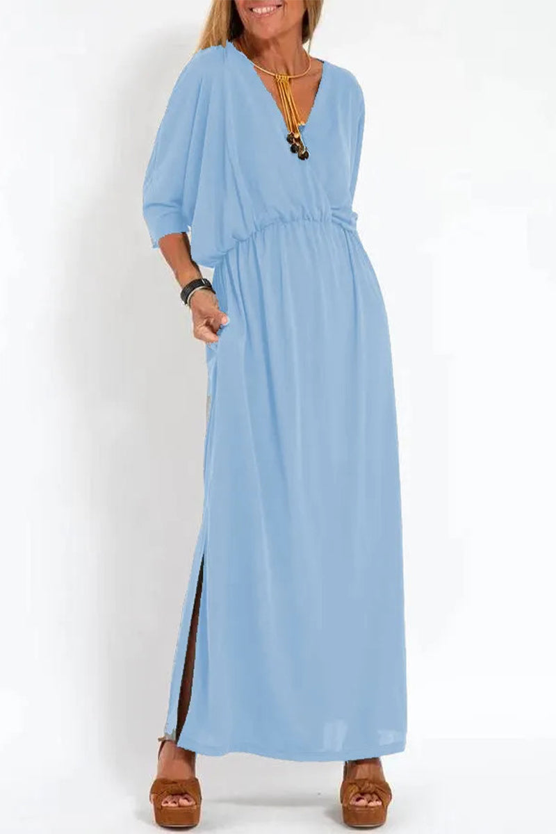 Casual Simplicity Solid Pocket Slit V Neck A Line Dresses