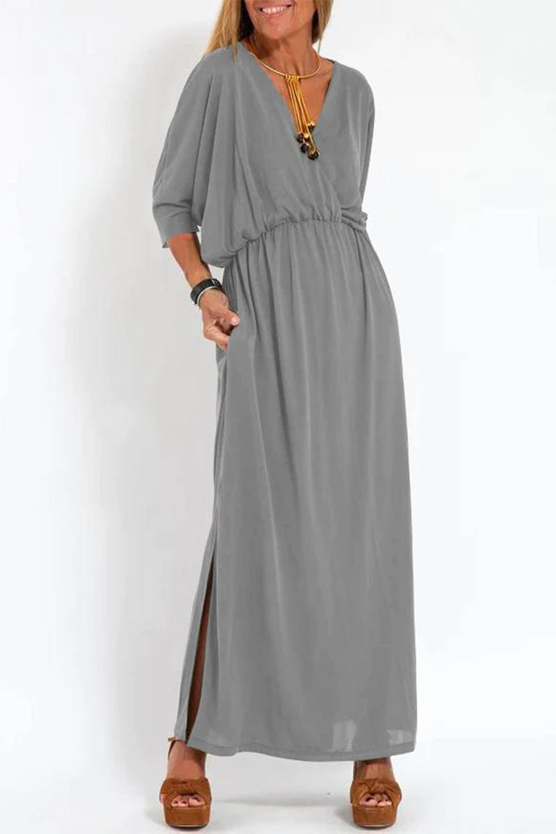 Casual Simplicity Solid Pocket Slit V Neck A Line Dresses