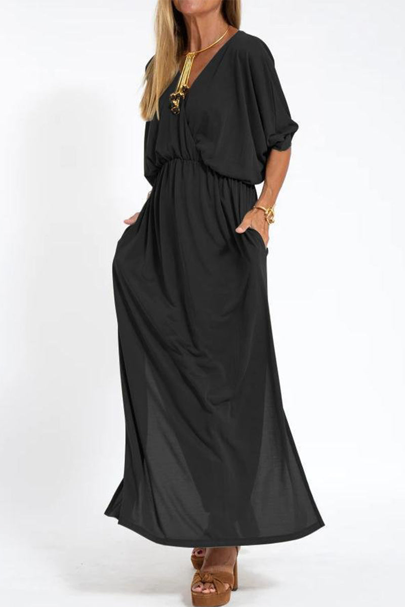 Casual Simplicity Solid Pocket Slit V Neck A Line Dresses