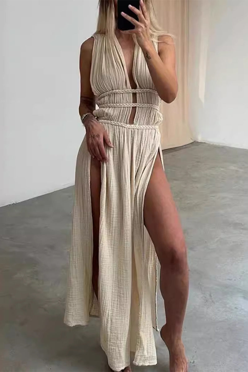 Sexy Bohemian Solid Slit V Neck Beach Dresses