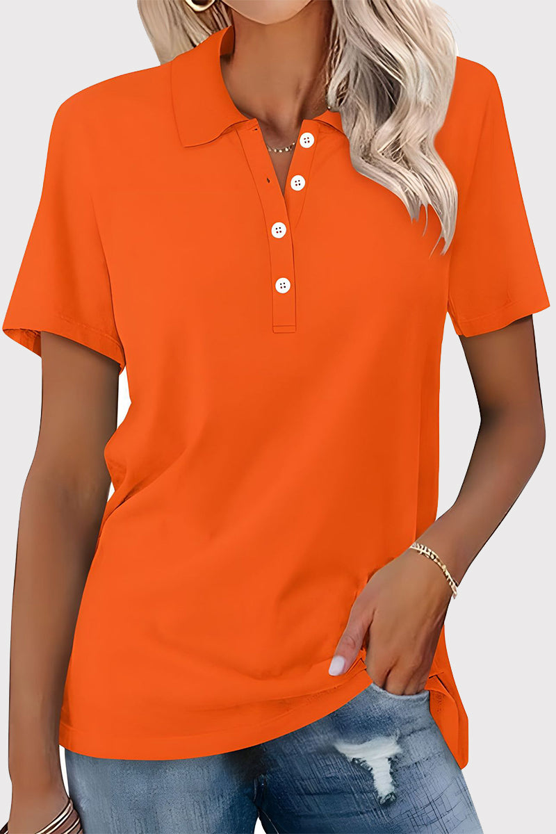 Casual Simplicity Solid Buckle Turndown Collar T-Shirts