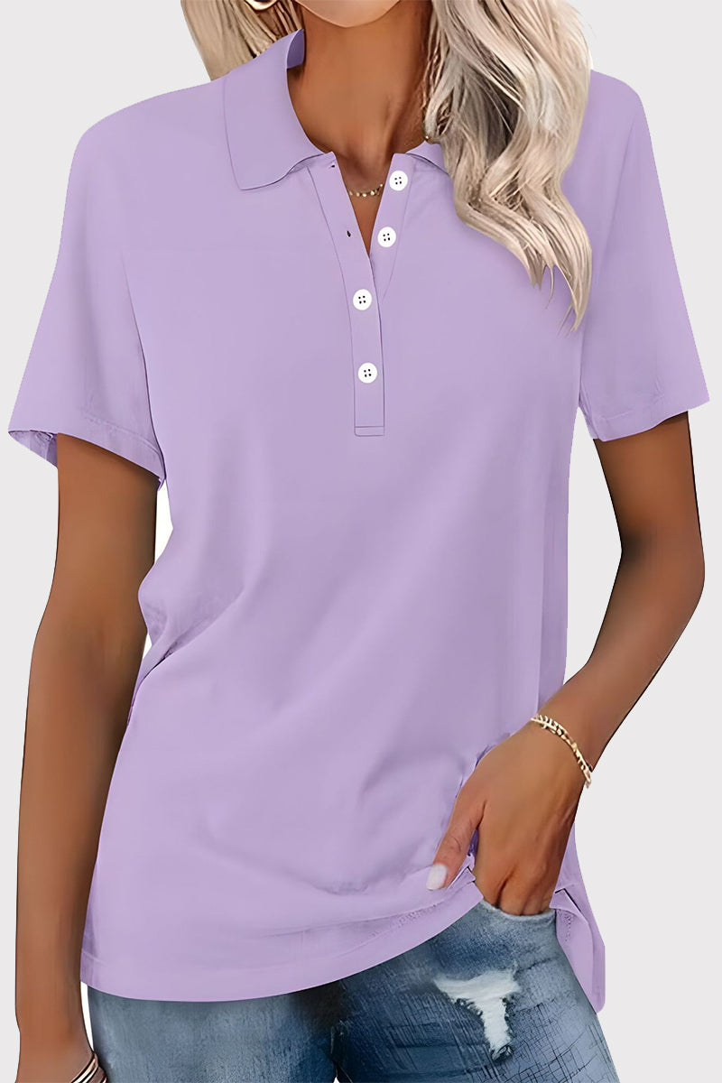 Casual Simplicity Solid Buckle Turndown Collar T-Shirts