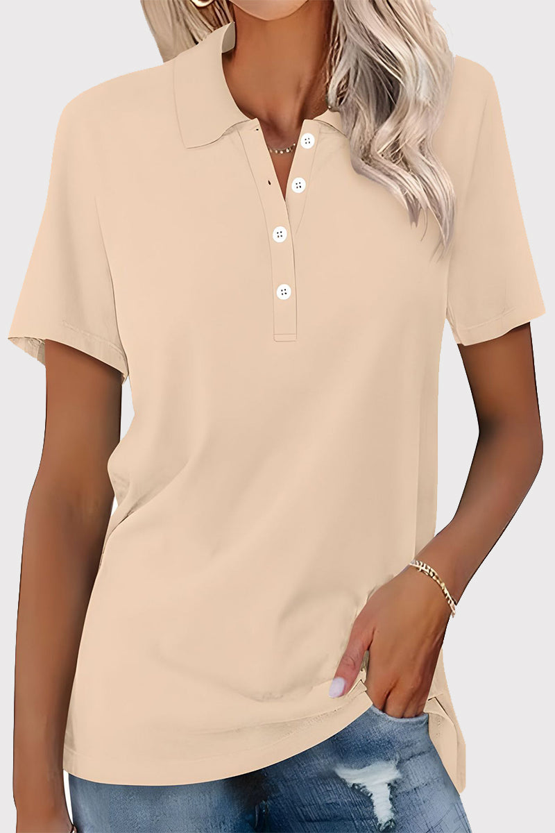 Casual Simplicity Solid Buckle Turndown Collar T-Shirts