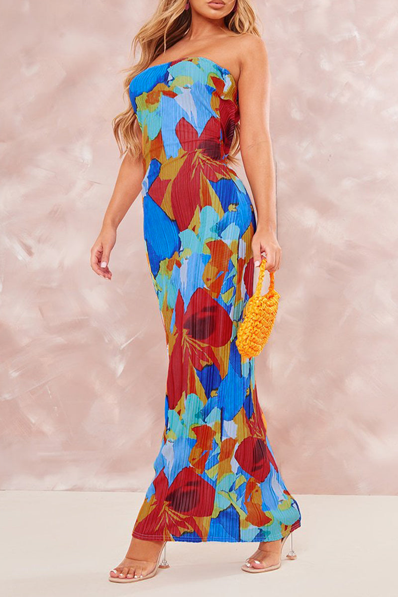 Sexy Print Patchwork Fold Strapless Pencil Skirt Dresses