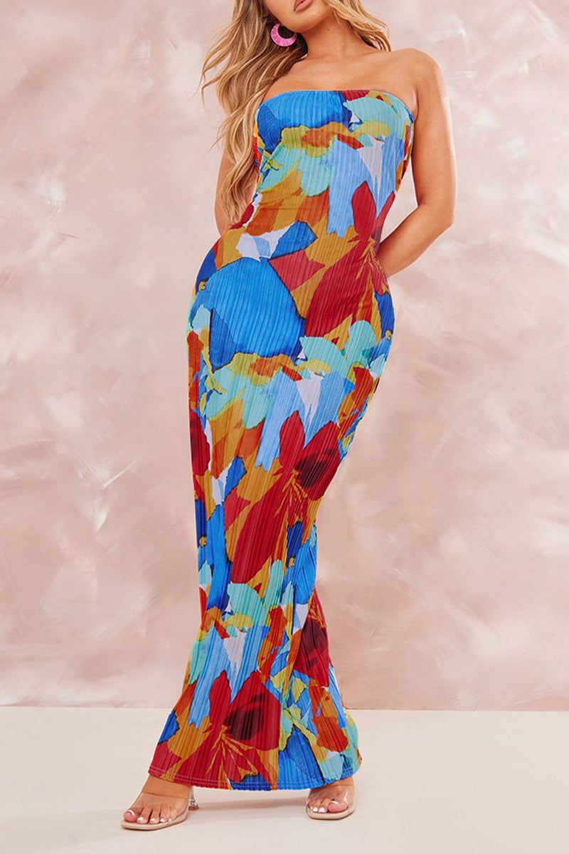 Sexy Print Patchwork Fold Strapless Pencil Skirt Dresses