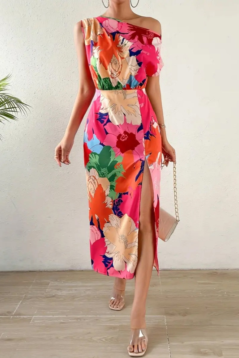 Casual Print Slit Oblique Collar Long Dresses