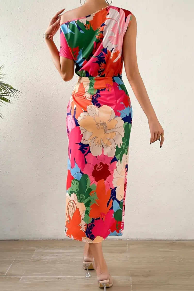 Casual Print Slit Oblique Collar Long Dresses