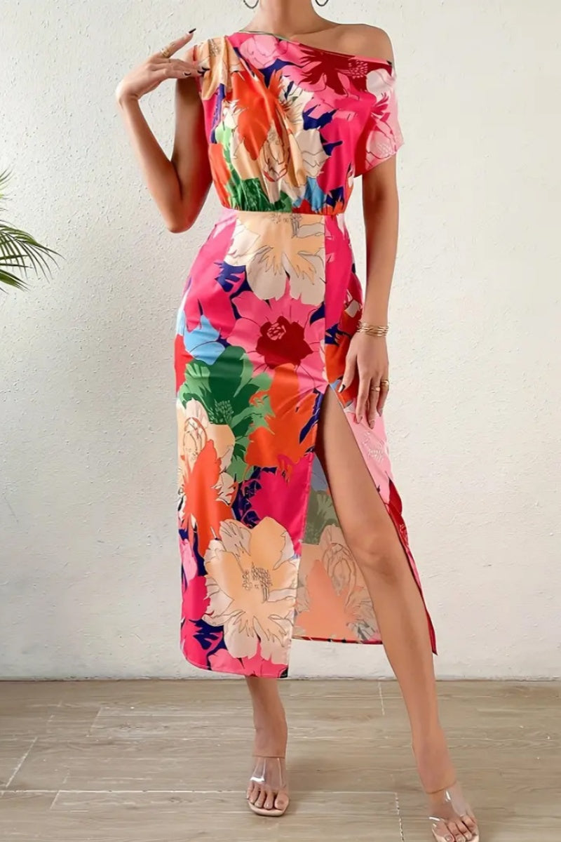 Casual Print Slit Oblique Collar Long Dresses