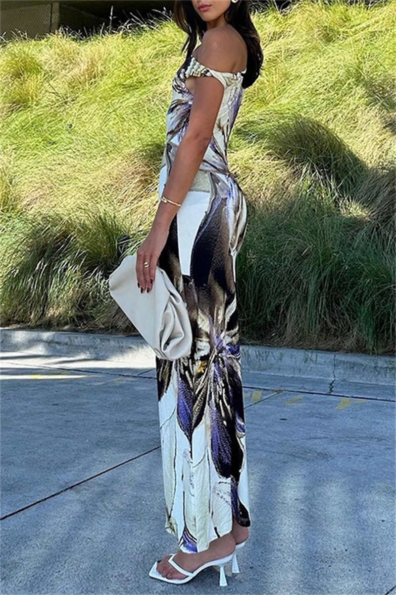 Sexy Casual Print Basic Oblique Collar Long Dresses