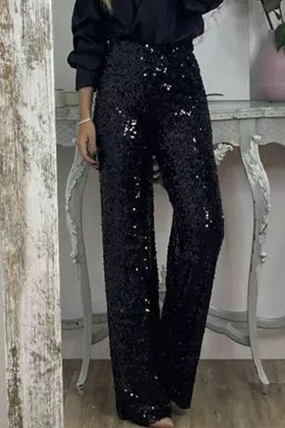 Casual Solid Sequins Sequined Straight High Waist Speaker Solid Color Bottoms