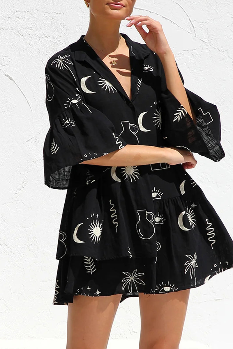 Casual Character Print Fold Turndown Collar Irregular Dresses