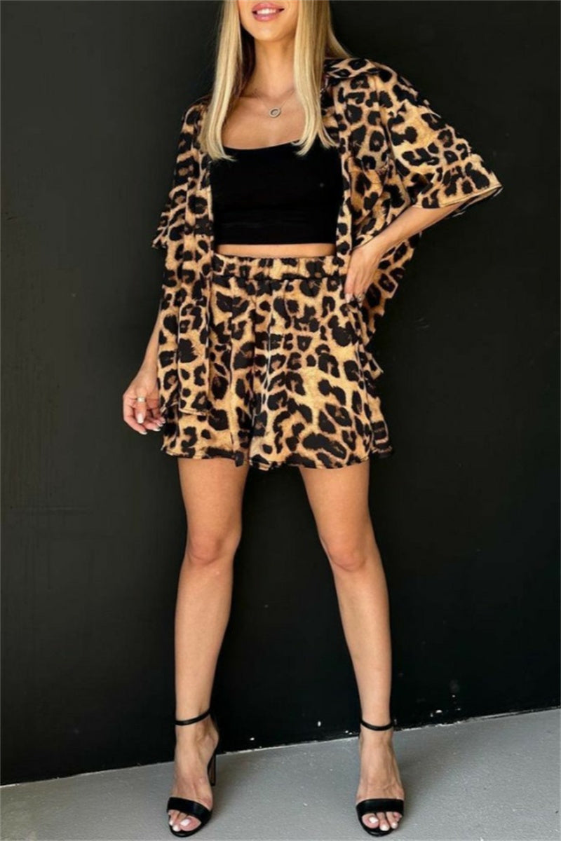 Casual Print Leopard Basic Turndown Collar Half Sleeve Two Pieces